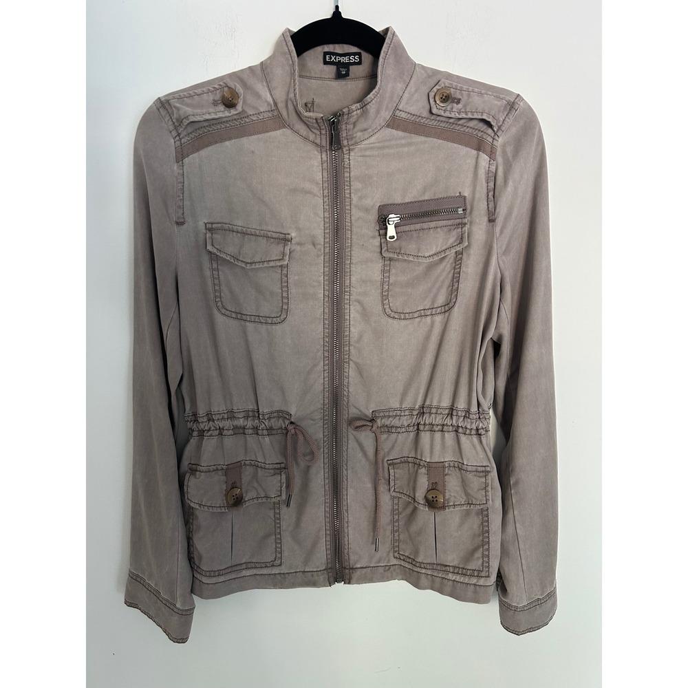 Express Womens XS Taupe Gray 100% Lyocell Utility Military Jacket Zip Drawstring